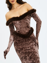 Tessa Coffee Sweetheart Bardot Faux Fur Velvet Mermaid Maxi Dress - Miss Circle - Flyclothing LLC