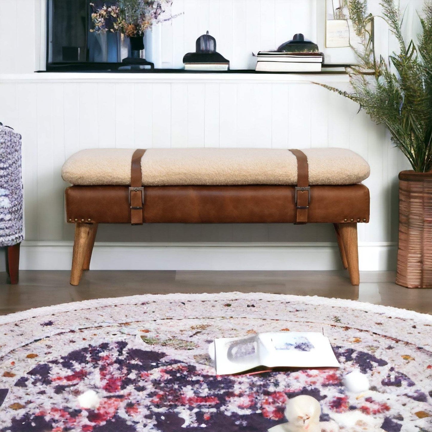 Boucle Buffalo Hide Leather Bench - Artisan Furniture - Flyclothing LLC
