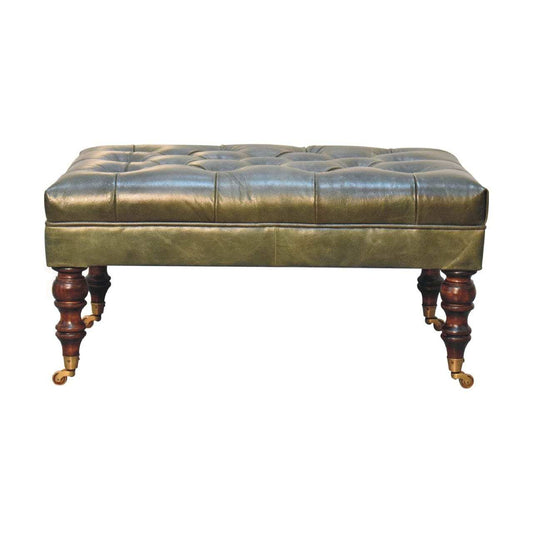 Buffalo Green Leather Ottoman with Castor Legs - Artisan Furniture - Flyclothing LLC