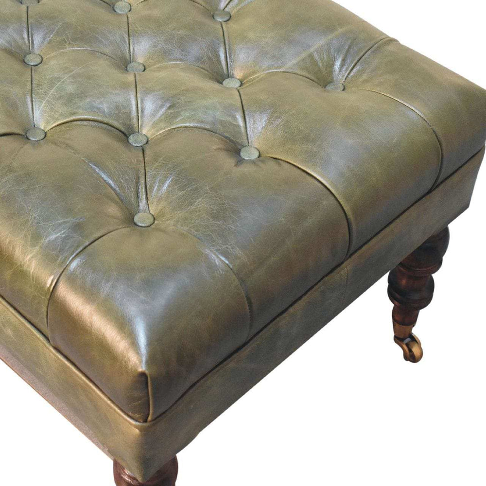 Buffalo Green Leather Ottoman with Castor Legs - Artisan Furniture - Flyclothing LLC