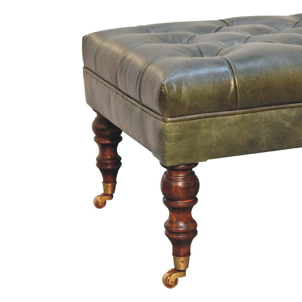 Buffalo Green Leather Ottoman with Castor Legs - Artisan Furniture - Flyclothing LLC