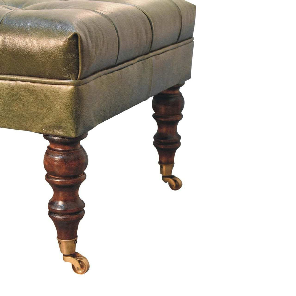 Buffalo Green Leather Ottoman with Castor Legs - Artisan Furniture - Flyclothing LLC