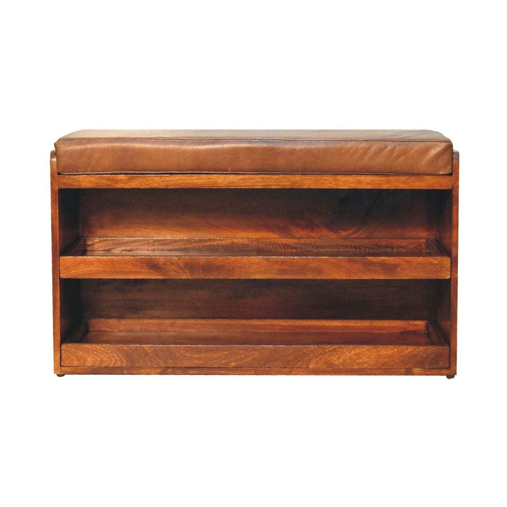 Buffalo Hide Pull out Chestnut Shoe Storage Bench - Artisan Furniture - Flyclothing LLC