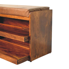 Buffalo Hide Pull out Chestnut Shoe Storage Bench - Artisan Furniture