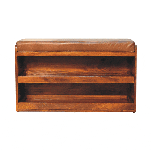 Buffalo Hide Pull out Chestnut Shoe Storage Bench - Artisan Furniture