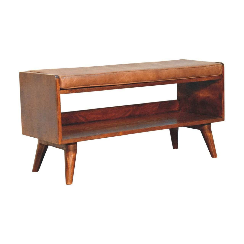 Chestnut Bench with Brown Leather Seatpad - Artisan Furniture - Flyclothing LLC