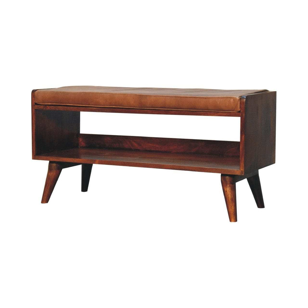 Chestnut Bench with Brown Leather Seatpad - Artisan Furniture - Flyclothing LLC