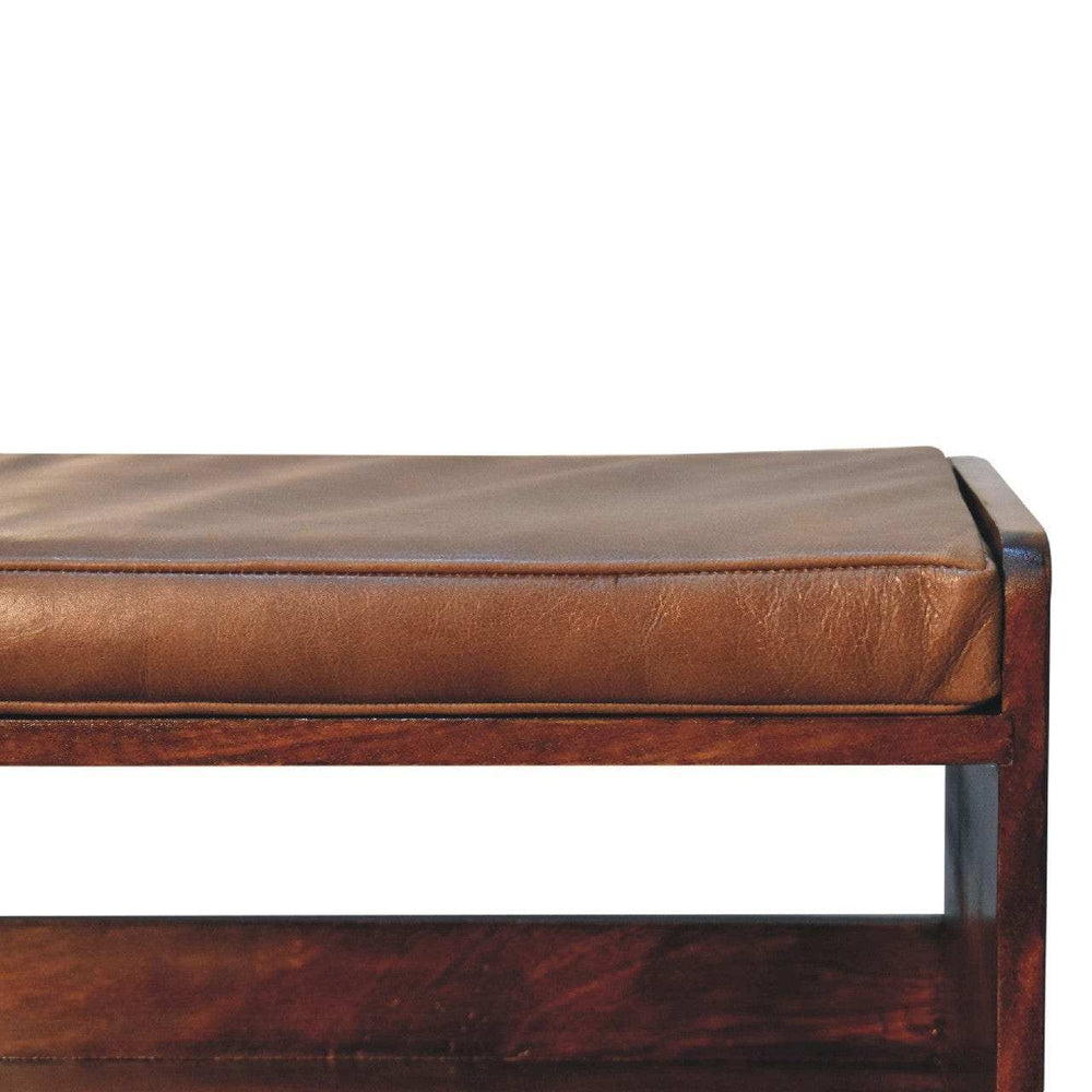 Chestnut Bench with Brown Leather Seatpad - Artisan Furniture - Flyclothing LLC