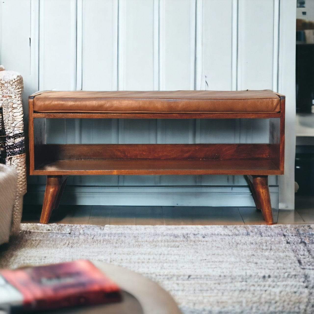 Chestnut Bench with Brown Leather Seatpad - Artisan Furniture - Flyclothing LLC