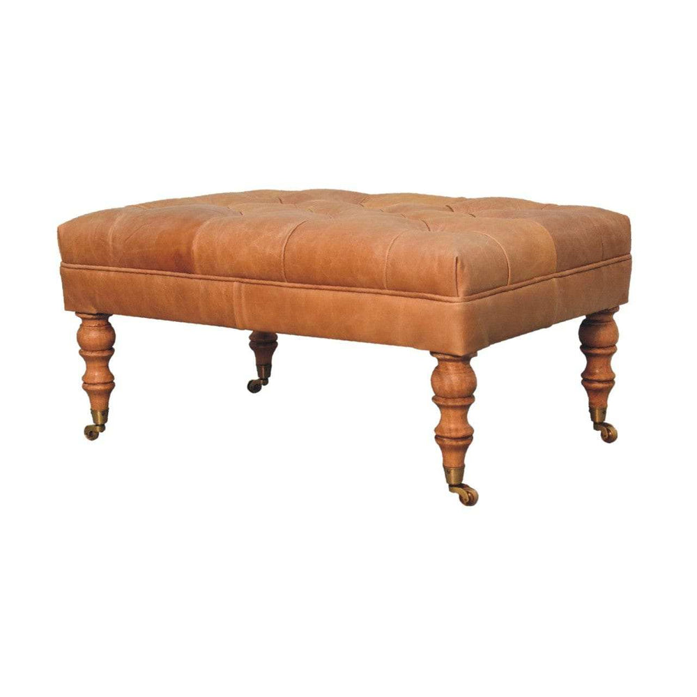 Buffalo Tan Leather Ottoman with Castor Legs - Artisan Furniture - Flyclothing LLC