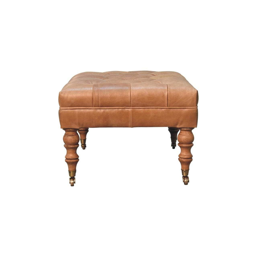 Buffalo Tan Leather Ottoman with Castor Legs - Artisan Furniture - Flyclothing LLC