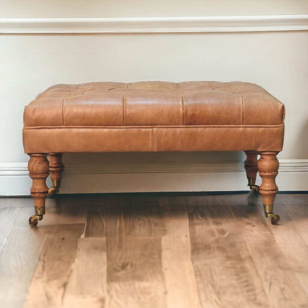 Buffalo Tan Leather Ottoman with Castor Legs - Artisan Furniture - Flyclothing LLC