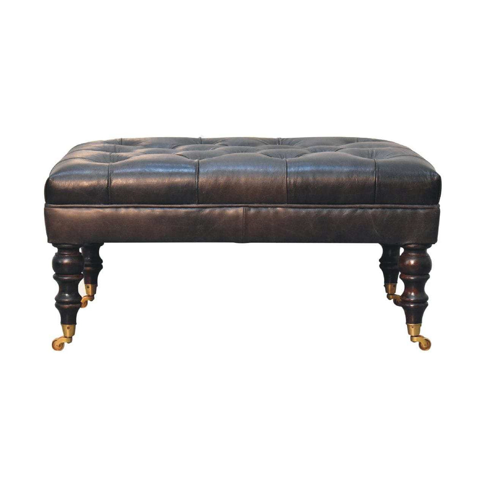 Buffalo Ash Black Leather Ottoman with Castor Legs - Artisan Furniture - Flyclothing LLC