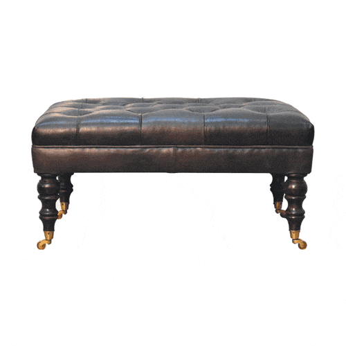 Buffalo Ash Black Leather Ottoman with Castor Legs - Artisan Furniture - Flyclothing LLC