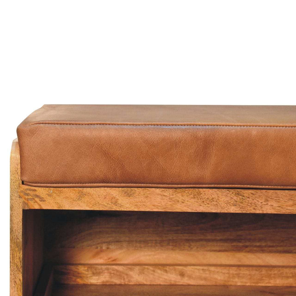 Buffalo Hide Pull out Oak-ish Shoe Storage Bench - Artisan Furniture - Flyclothing LLC