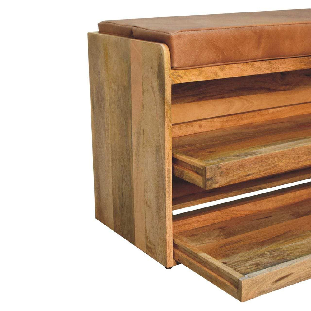 Buffalo Hide Pull out Oak-ish Shoe Storage Bench - Artisan Furniture - Flyclothing LLC