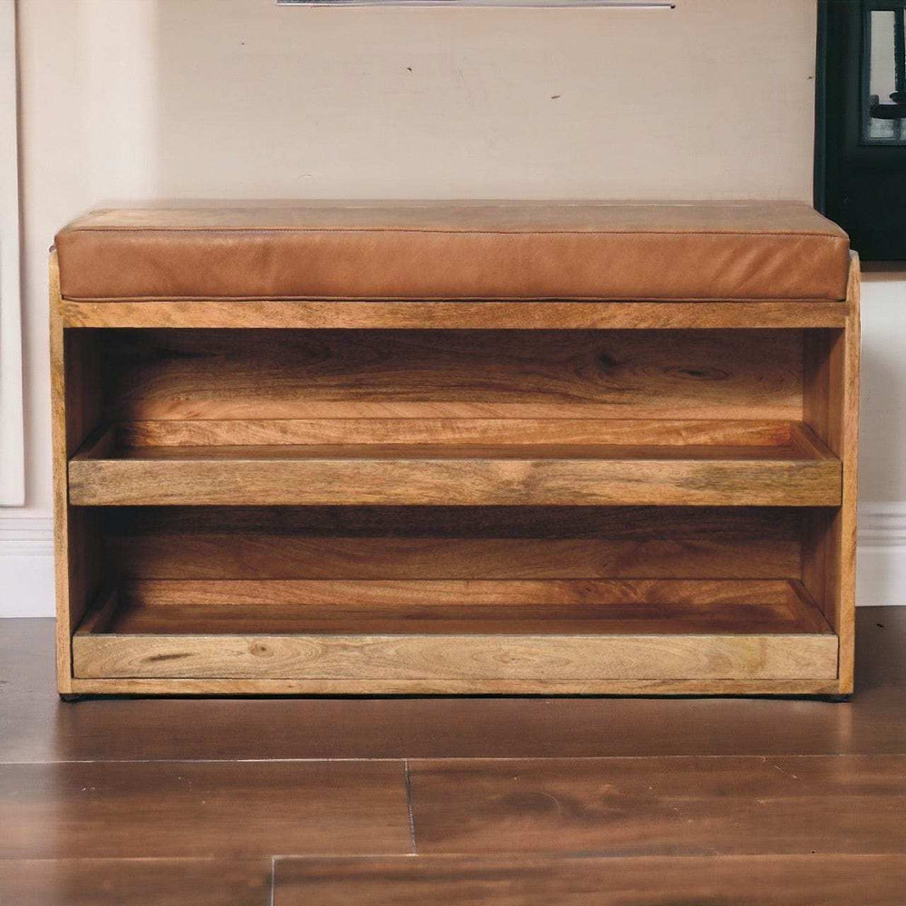 Buffalo Hide Pull out Oak-ish Shoe Storage Bench - Artisan Furniture - Flyclothing LLC