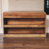 Buffalo Hide Pull out Oak-ish Shoe Storage Bench - Artisan Furniture - Flyclothing LLC