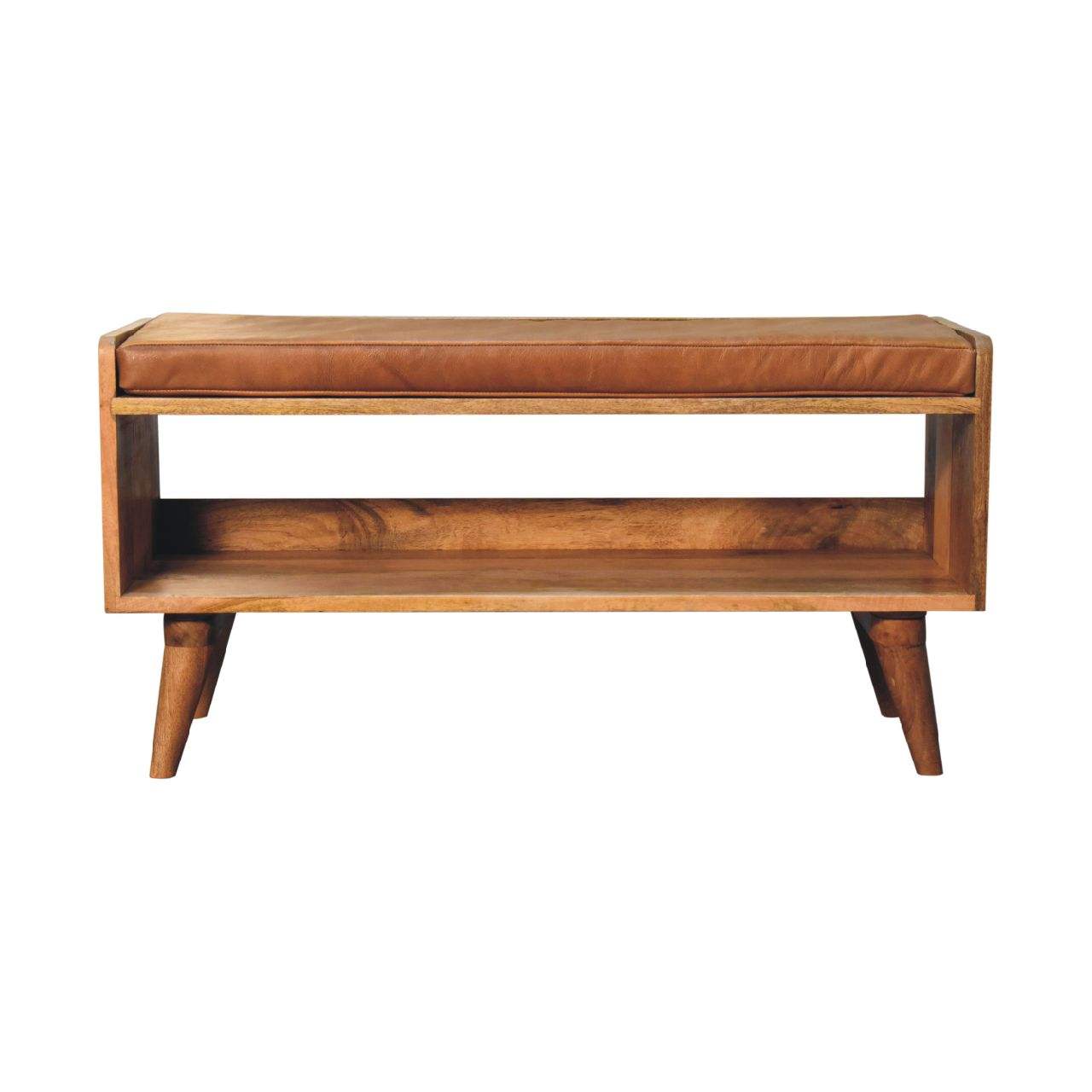 Oak-ish Bench with Tan Leather Seatpad - Artisan Furniture - Flyclothing LLC