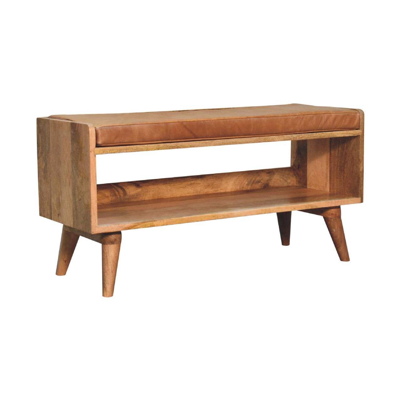 Oak-ish Bench with Tan Leather Seatpad - Artisan Furniture - Flyclothing LLC