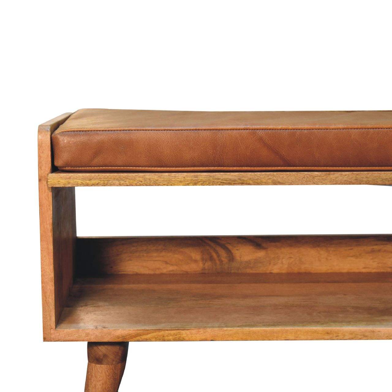 Oak-ish Bench with Tan Leather Seatpad - Artisan Furniture - Flyclothing LLC