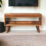 Oak-ish Bench with Tan Leather Seatpad - Artisan Furniture - Flyclothing LLC