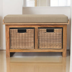 Artisan Rattan Basket Linen Bench