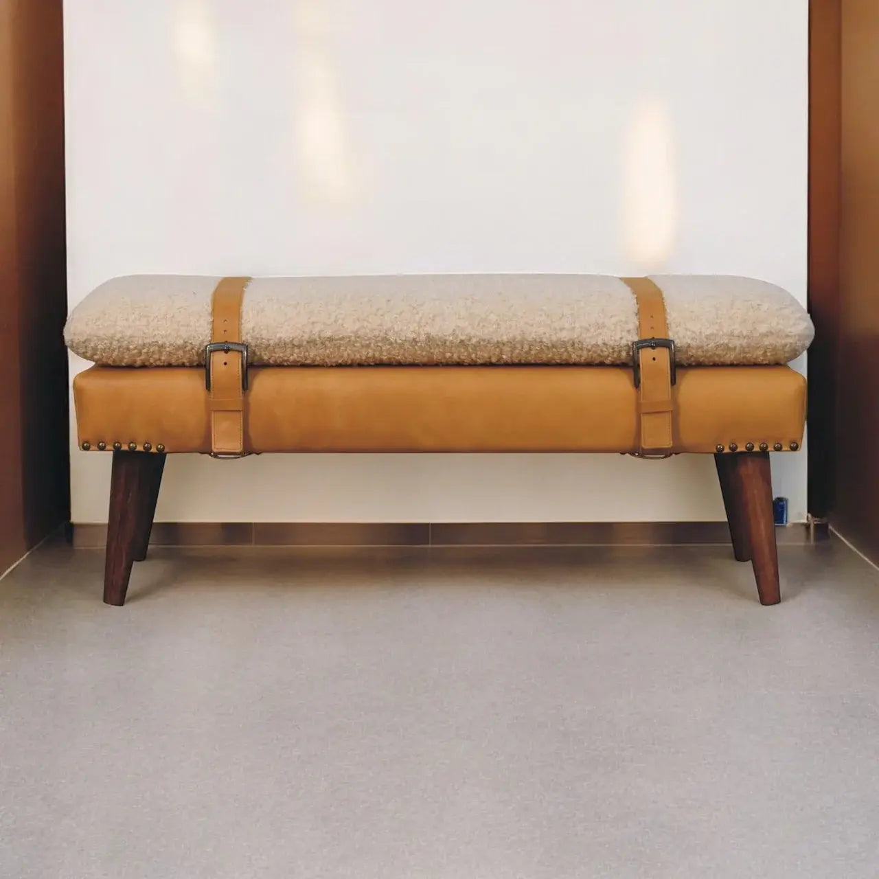 Artisan Furniture Boucle x Tan Leather Bench - Artisan Furniture - Flyclothing LLC