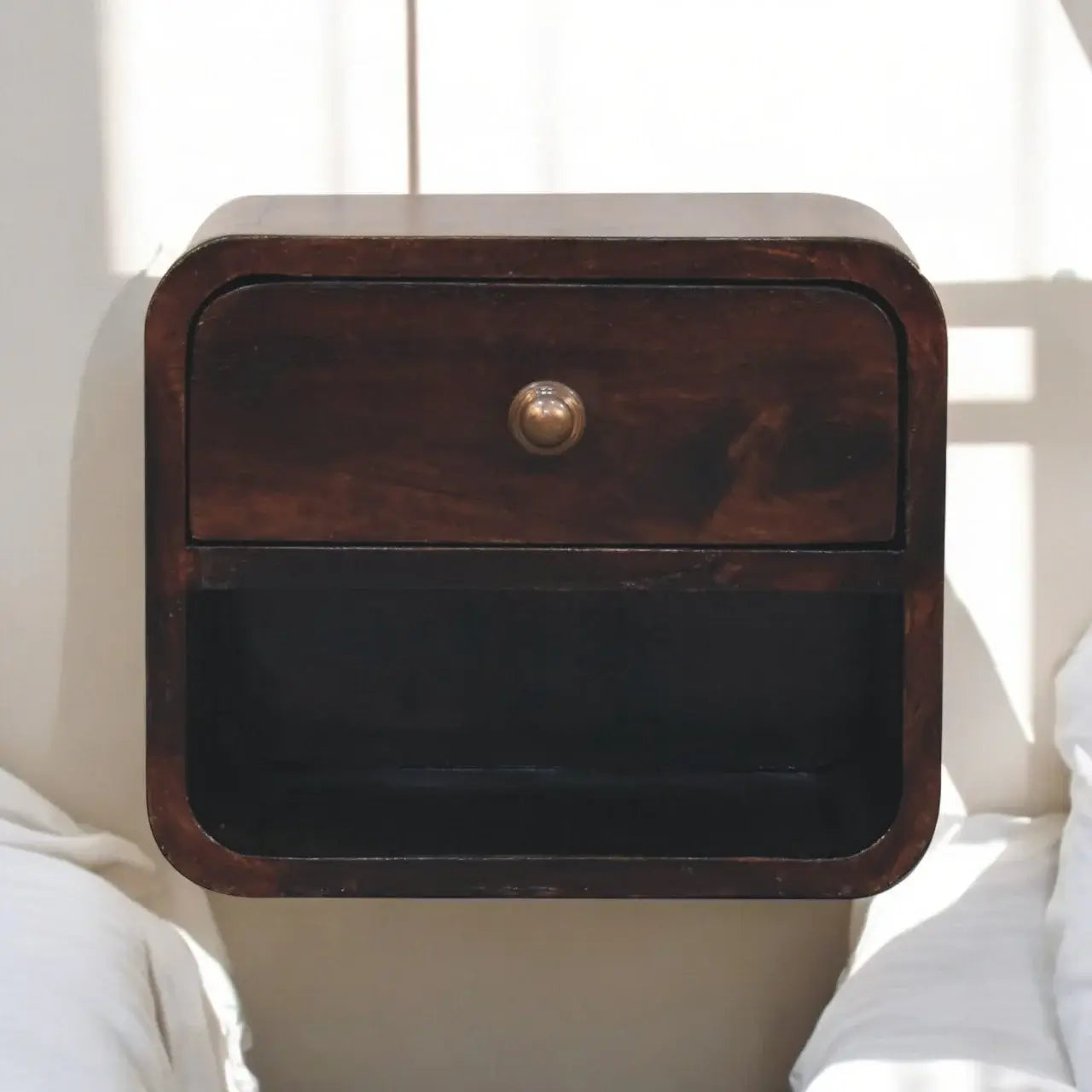 Mini Curved California Walnut Wall Mounted Bedside with Open Slot - Artisan Furniture - Flyclothing LLC