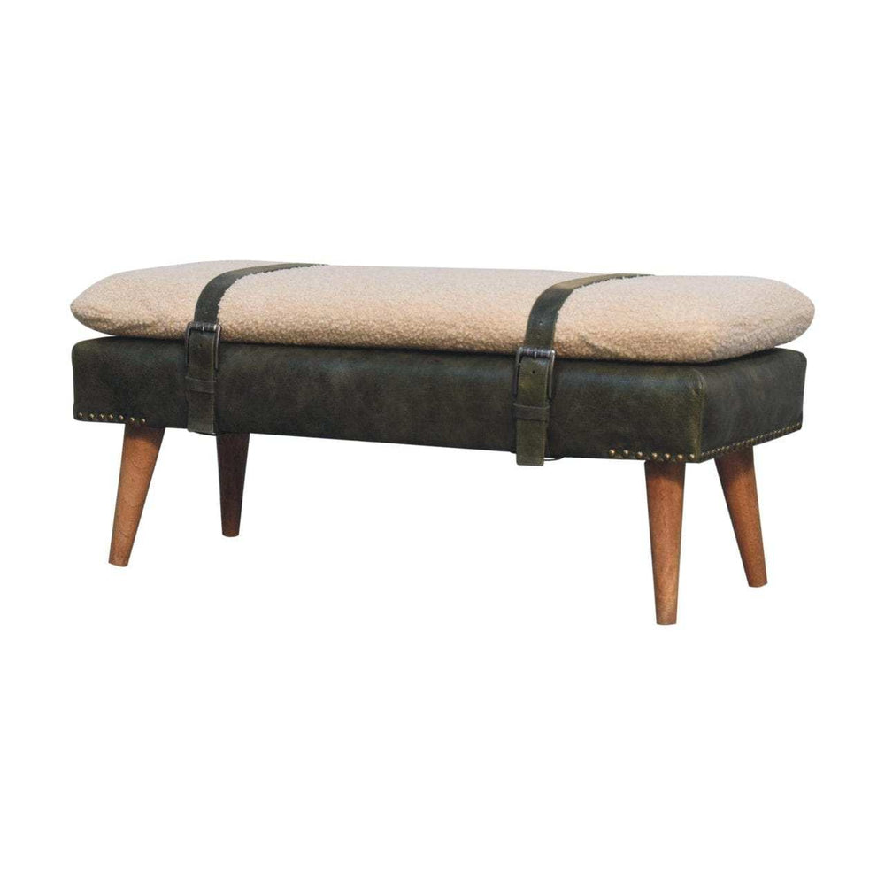 Artisan Boucl Buffalo Hide Olive Green Leather Bench - Artisan Furniture - Flyclothing LLC