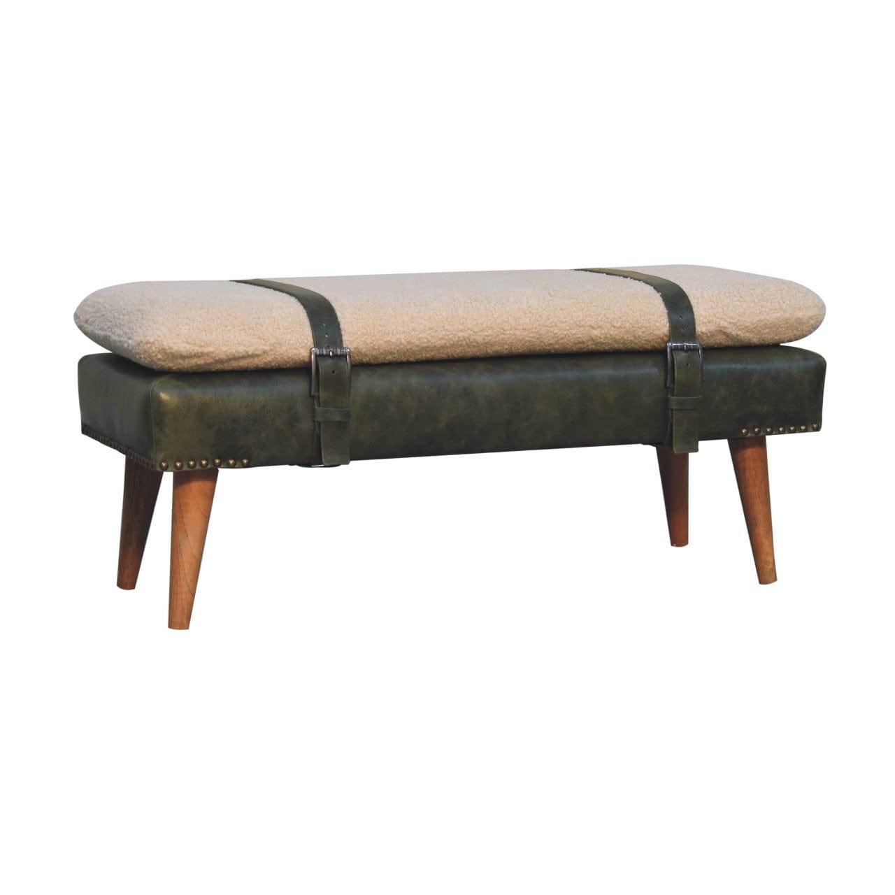 Artisan Boucl Buffalo Hide Olive Green Leather Bench - Artisan Furniture