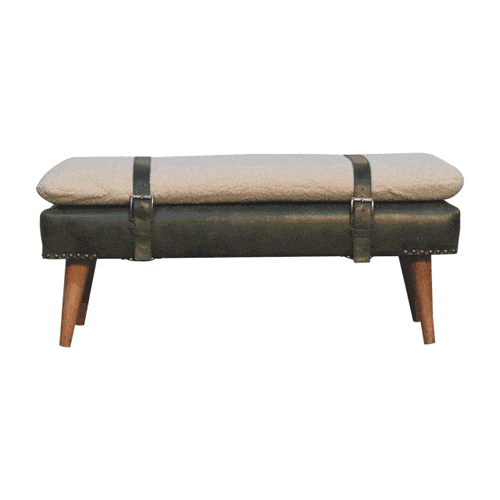 Artisan Boucl Buffalo Hide Olive Green Leather Bench - Artisan Furniture - Flyclothing LLC