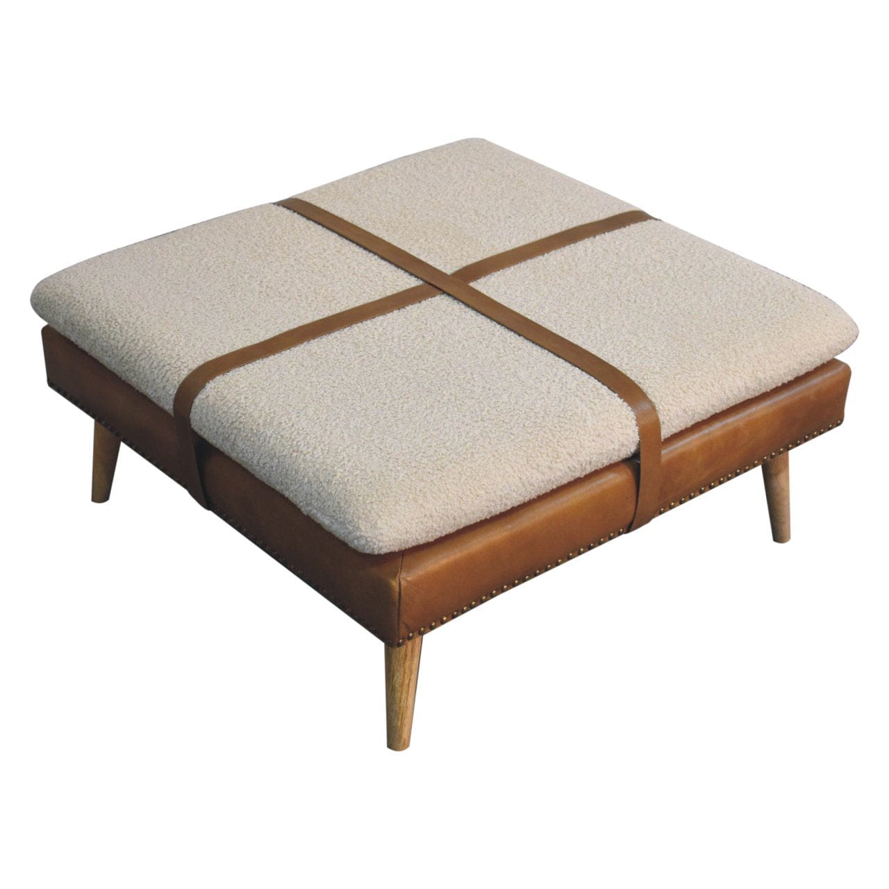 Artisan Large Square Boucl Buffalo Hide Brown Leather Footstool - Artisan Furniture