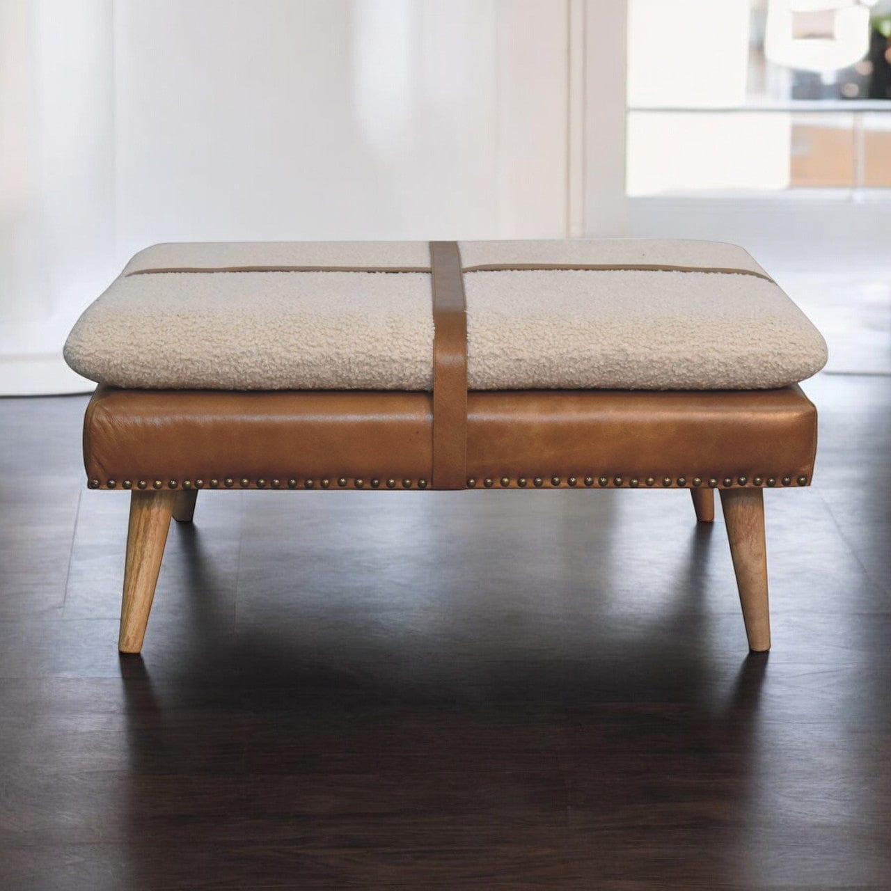 Artisan Large Square Boucl Buffalo Hide Brown Leather Footstool - Artisan Furniture