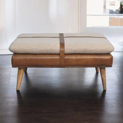 Artisan Large Square Boucl Buffalo Hide Brown Leather Footstool - Artisan Furniture
