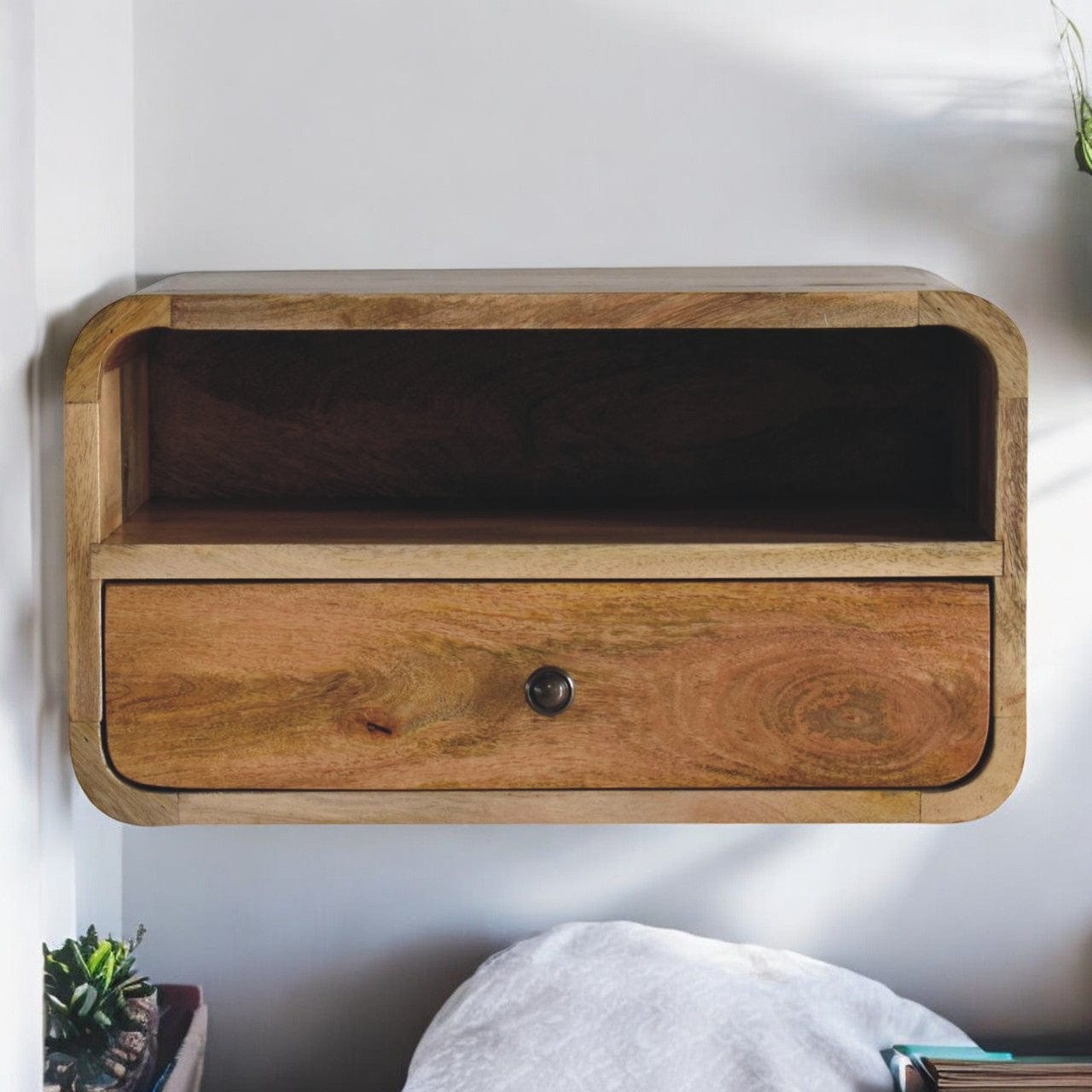 Artisan Large Oak-ish Curve Upper Slot Floating Bedside - Artisan Furniture