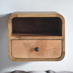 Artisan Extra Mini Wall Mounted Curved Oak-ish Bedside with Open Slot