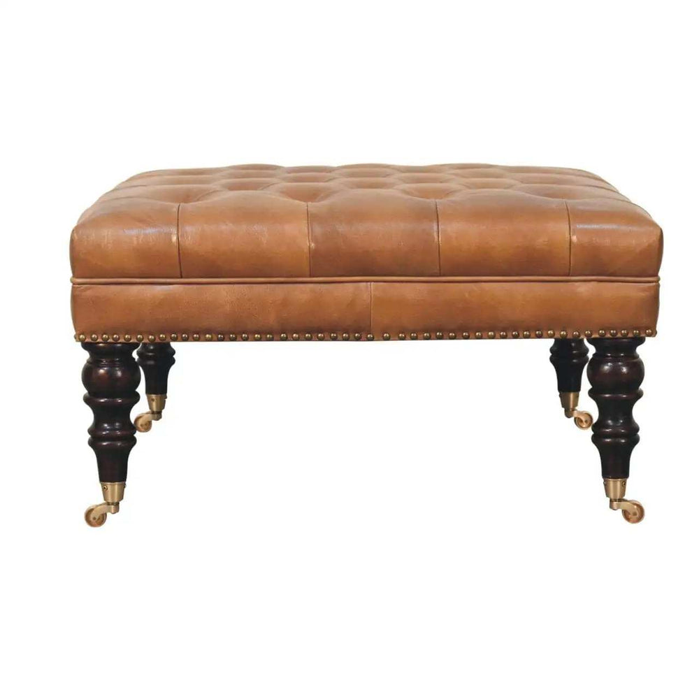 Studded Buffalo Tan Leather Ottoman with Castor Legs - Artisan Furniture - Flyclothing LLC