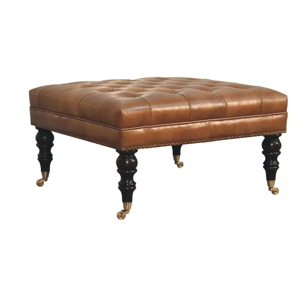 Studded Buffalo Tan Leather Ottoman with Castor Legs - Artisan Furniture - Flyclothing LLC