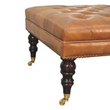 Studded Buffalo Tan Leather Ottoman with Castor Legs - Artisan Furniture - Flyclothing LLC