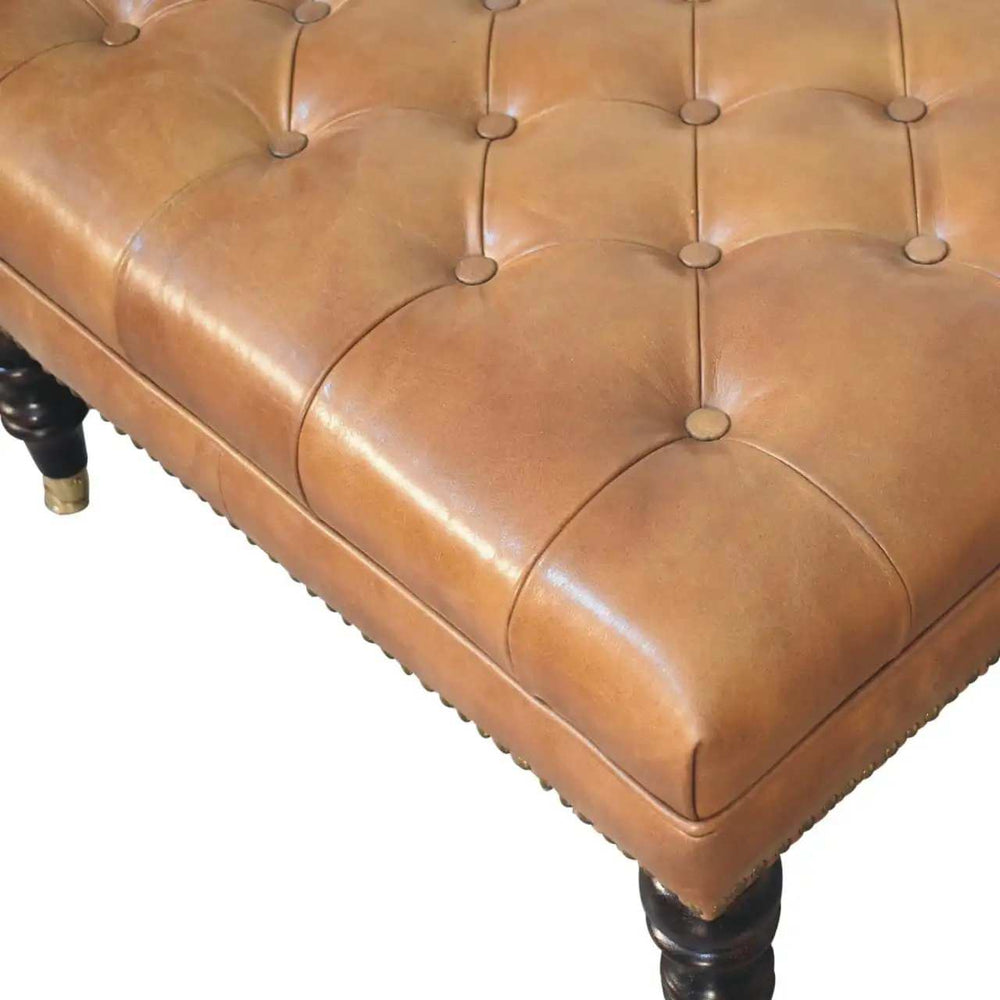 Studded Buffalo Tan Leather Ottoman with Castor Legs - Artisan Furniture - Flyclothing LLC