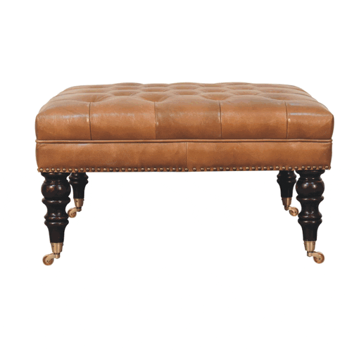 Studded Buffalo Tan Leather Ottoman with Castor Legs - Artisan Furniture - Flyclothing LLC