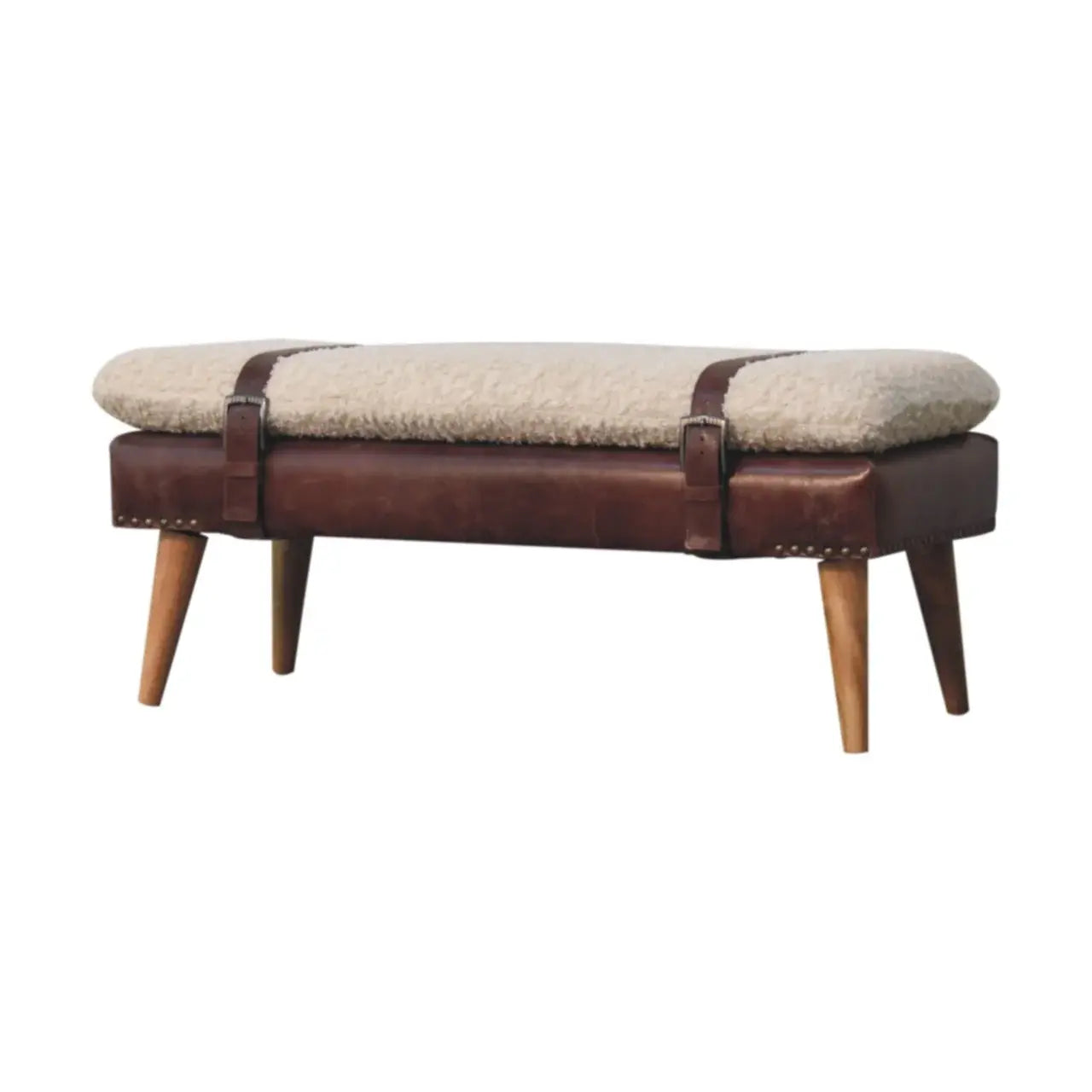 Boucle x Brown Leather Bench - Artisan Furniture - Flyclothing LLC