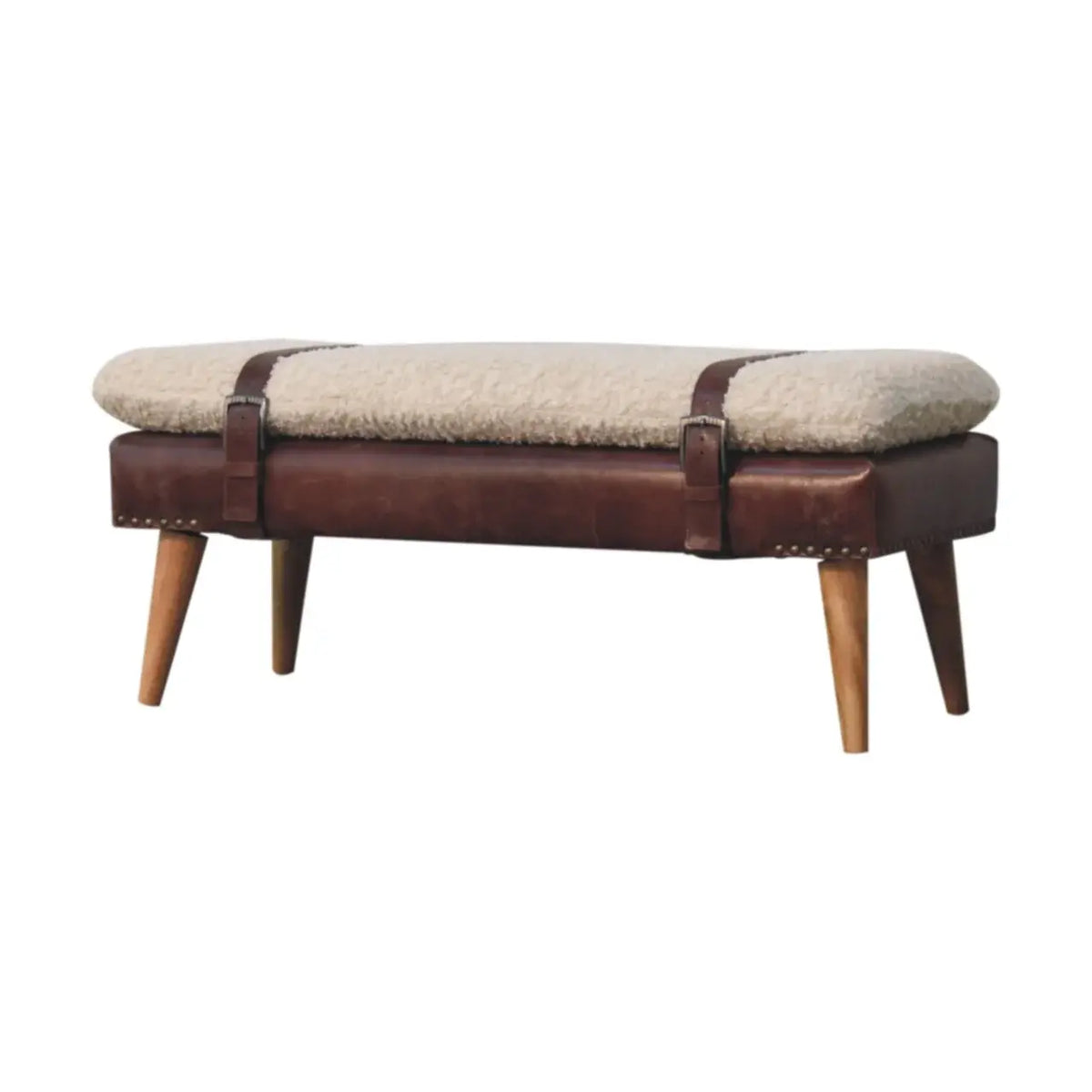 Boucle x Brown Leather Bench - Artisan Furniture - Flyclothing LLC