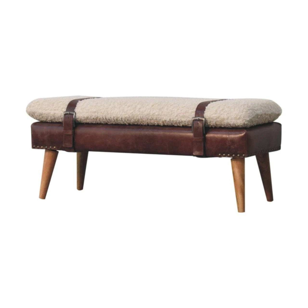 Boucle x Brown Leather Bench - Artisan Furniture - Flyclothing LLC