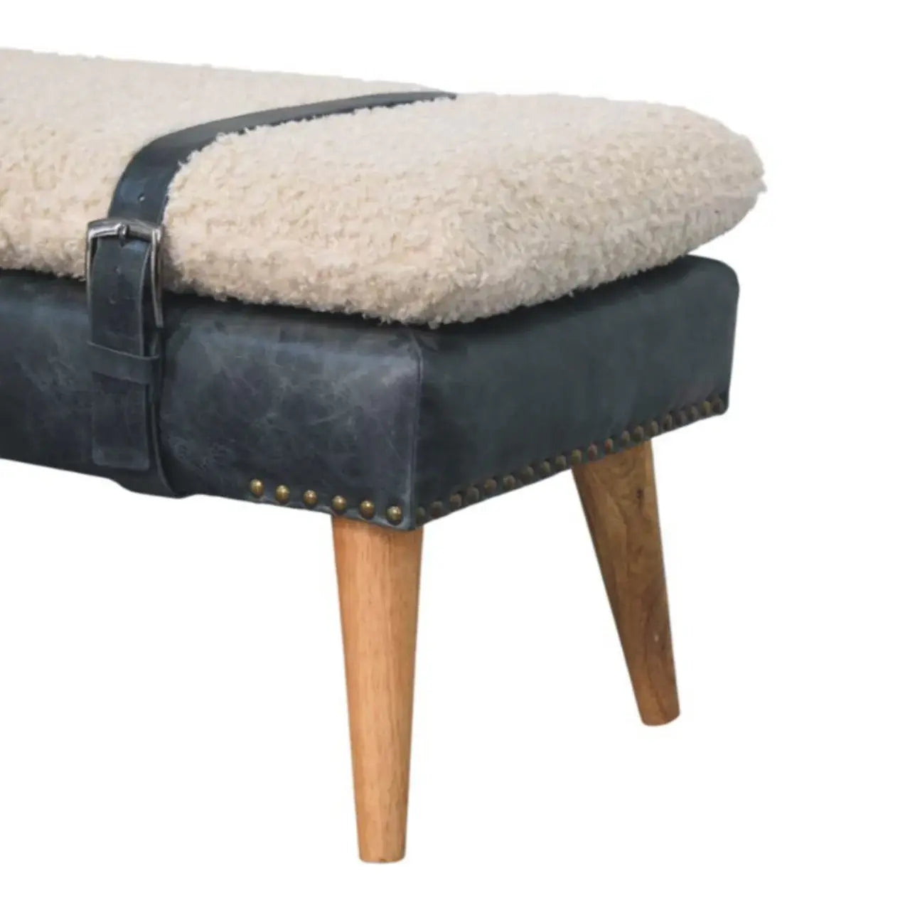 Boucle x Black Leather Bench - Artisan Furniture - Flyclothing LLC