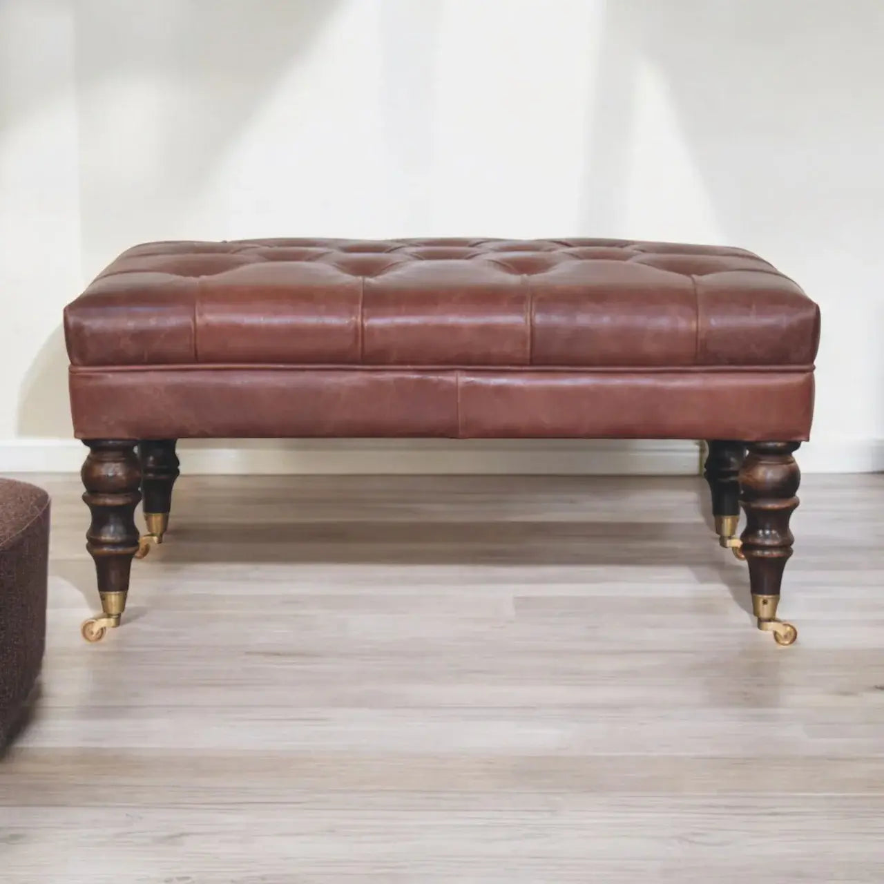 Buffalo Brown Leather Ottoman with Castor Legs - Artisan Furniture - Flyclothing LLC