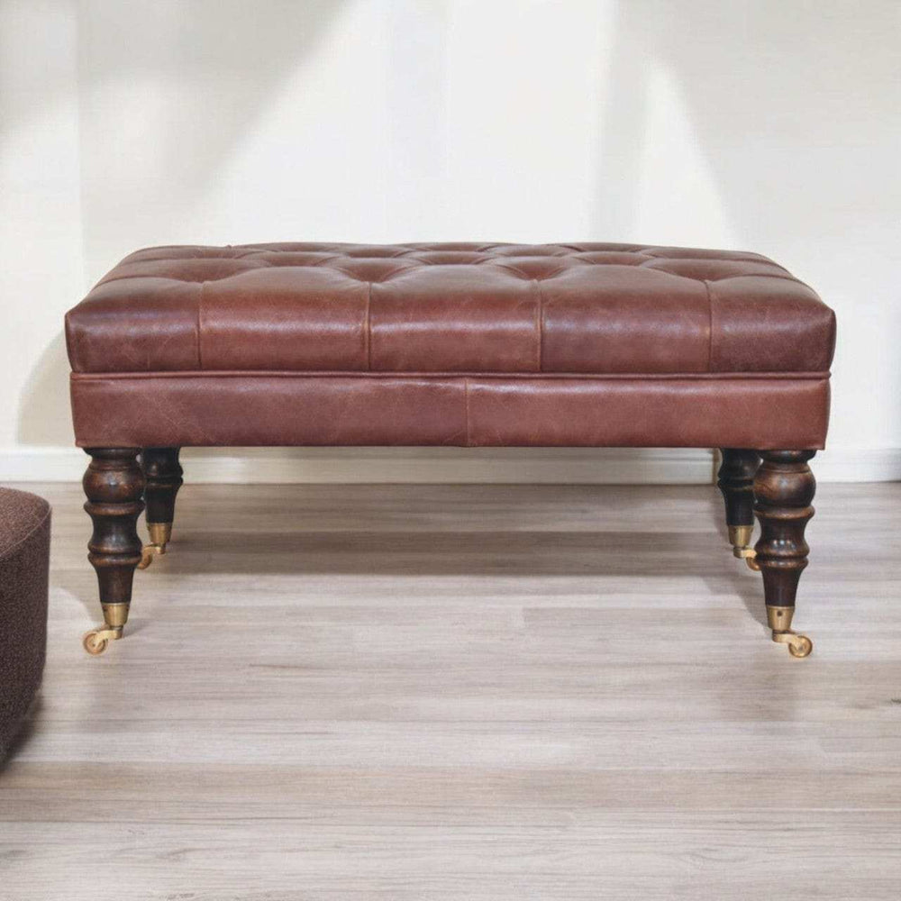 Buffalo Brown Leather Ottoman with Castor Legs - Artisan Furniture - Flyclothing LLC