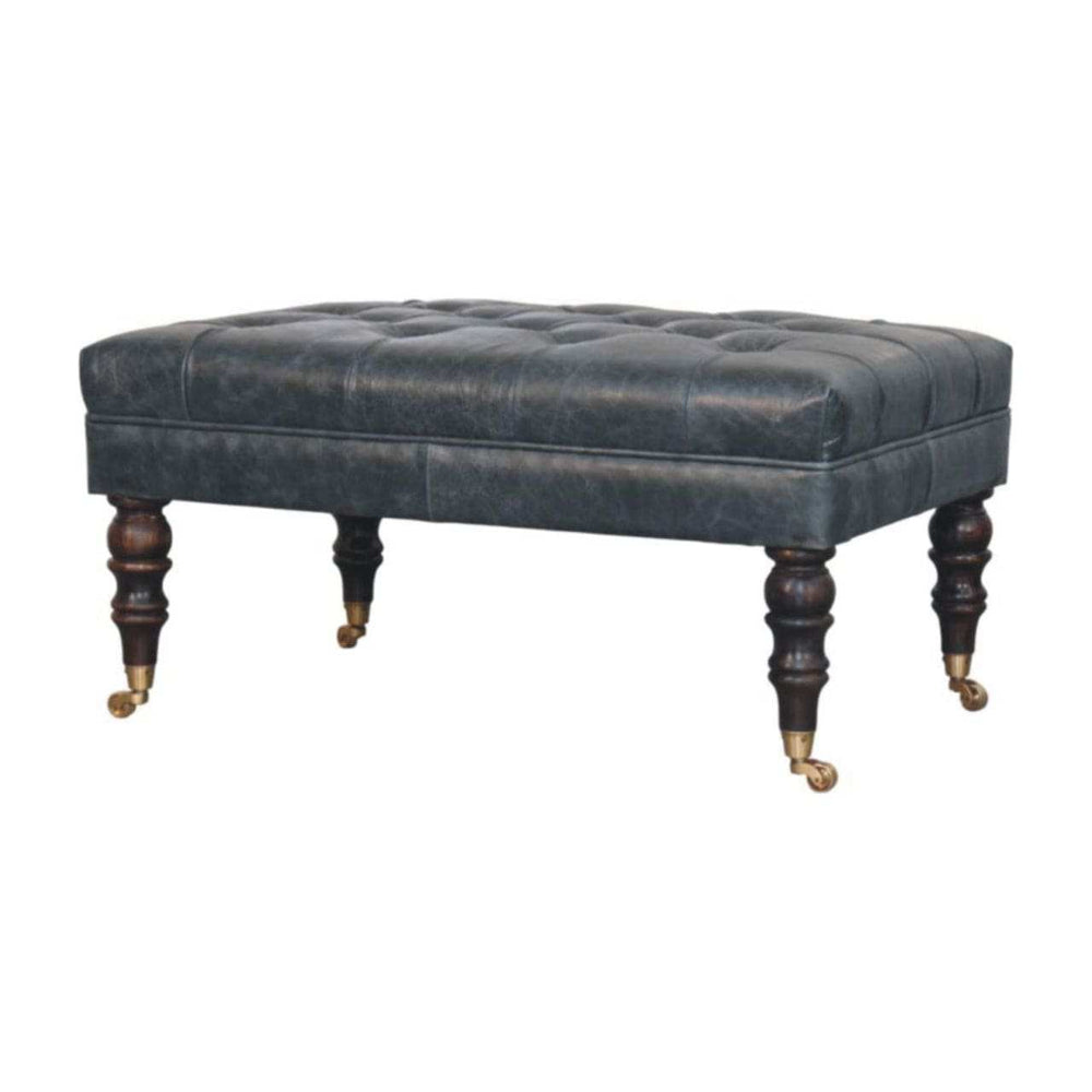 Buffalo Teal Leather Ottoman with Castor Legs - Artisan Furniture - Flyclothing LLC