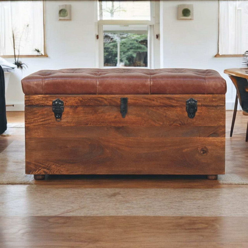 Brown Buffalo hide leather Storage Trunk - Artisan Furniture - Flyclothing LLC